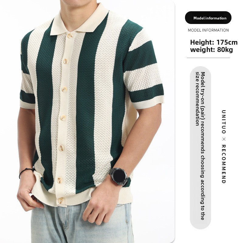 Mens Striped Knit Polo Shirt