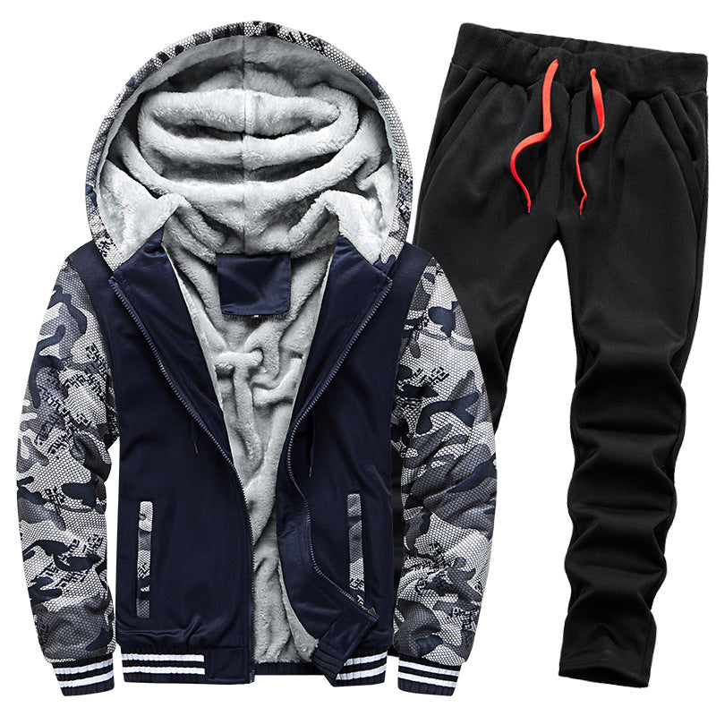 Men's thickened fleece-lined hoodie set
