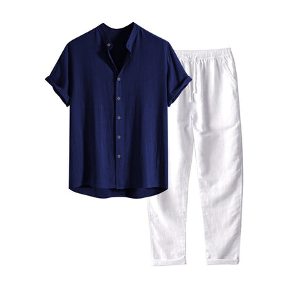 Mens Casual Short Sleeve Shirt and Long Pants Set