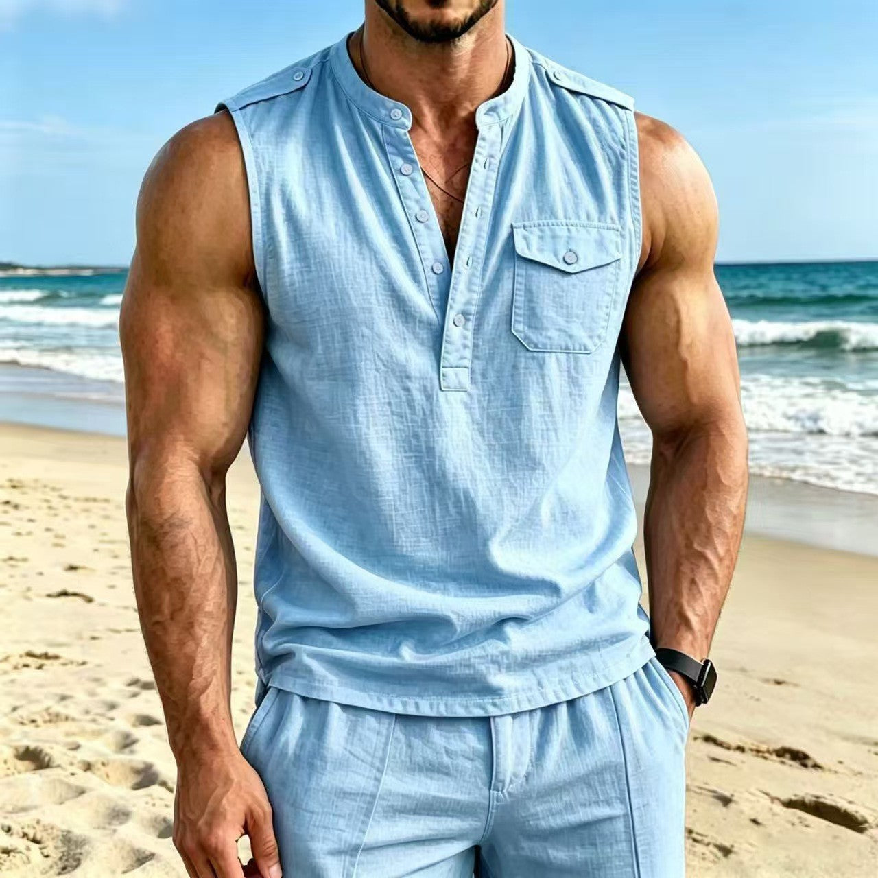 Men's Linen Sleeveless Vest with Button Pocket