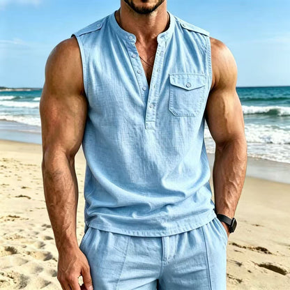 Men's Linen Sleeveless Vest with Button Pocket