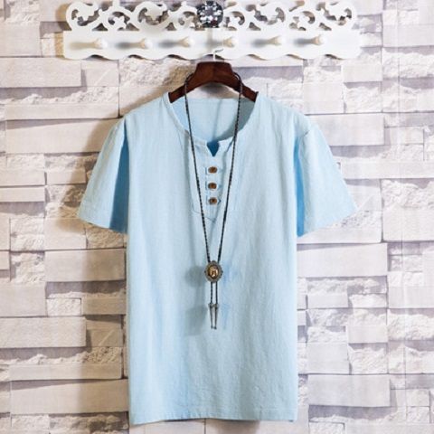 Mens Cotton Linen V-neck T-shirt