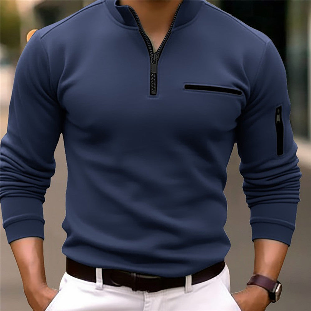 Mens Long Sleeve Zipper Detail Polo Shirt