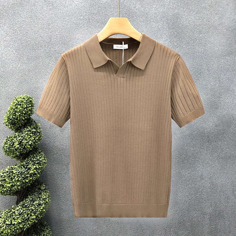 Mens Striped V-Neck Polo Shirt