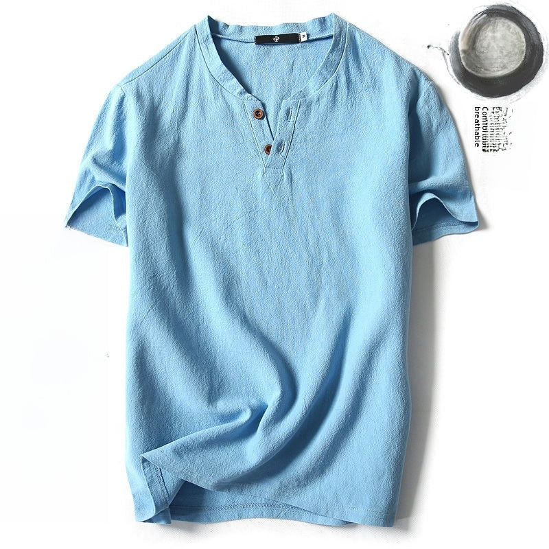 Mens Cotton Linen V-neck T-shirt