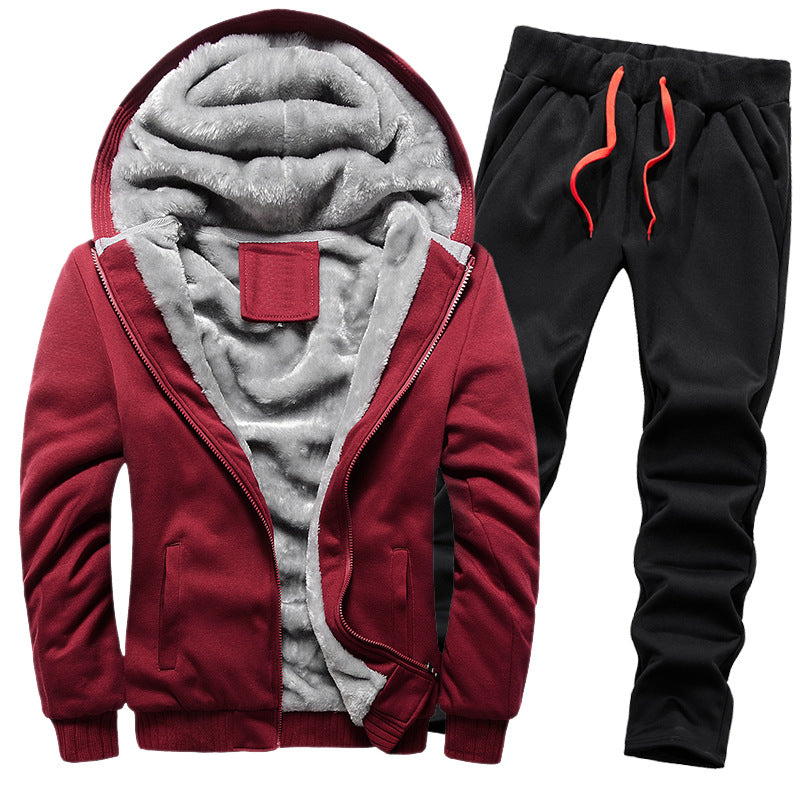 Men's thickened fleece-lined hoodie set