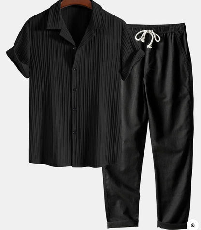 Mens Casual Short Sleeve Shirt and Long Pants Set