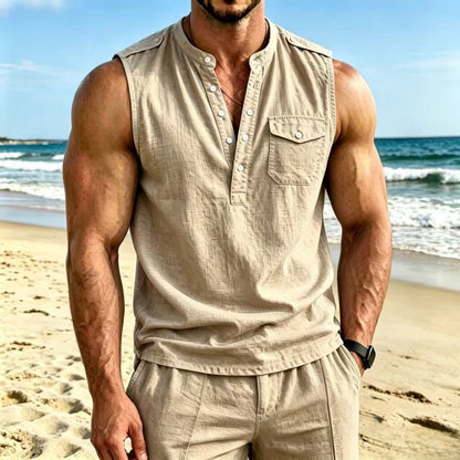 Men's Linen Sleeveless Vest with Button Pocket