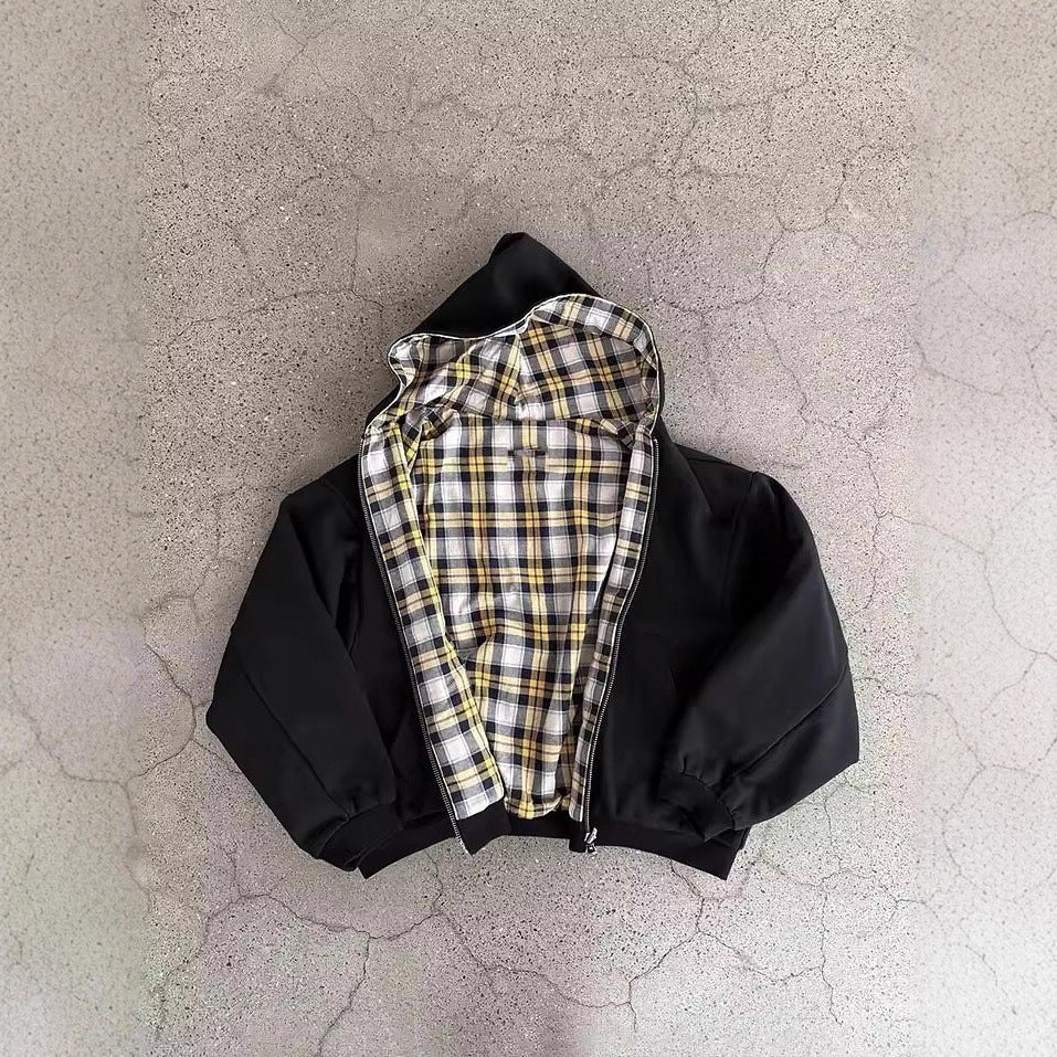 Reversible Plaid Zipper Hoodie Cardigan