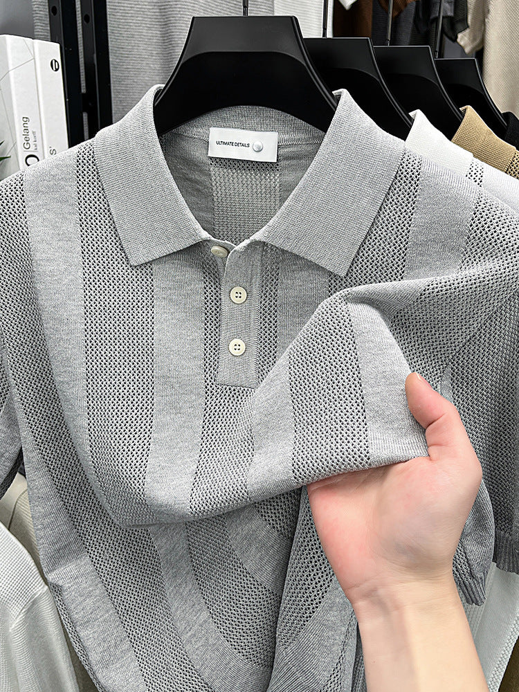 Mens Striped Knit Polo Shirt