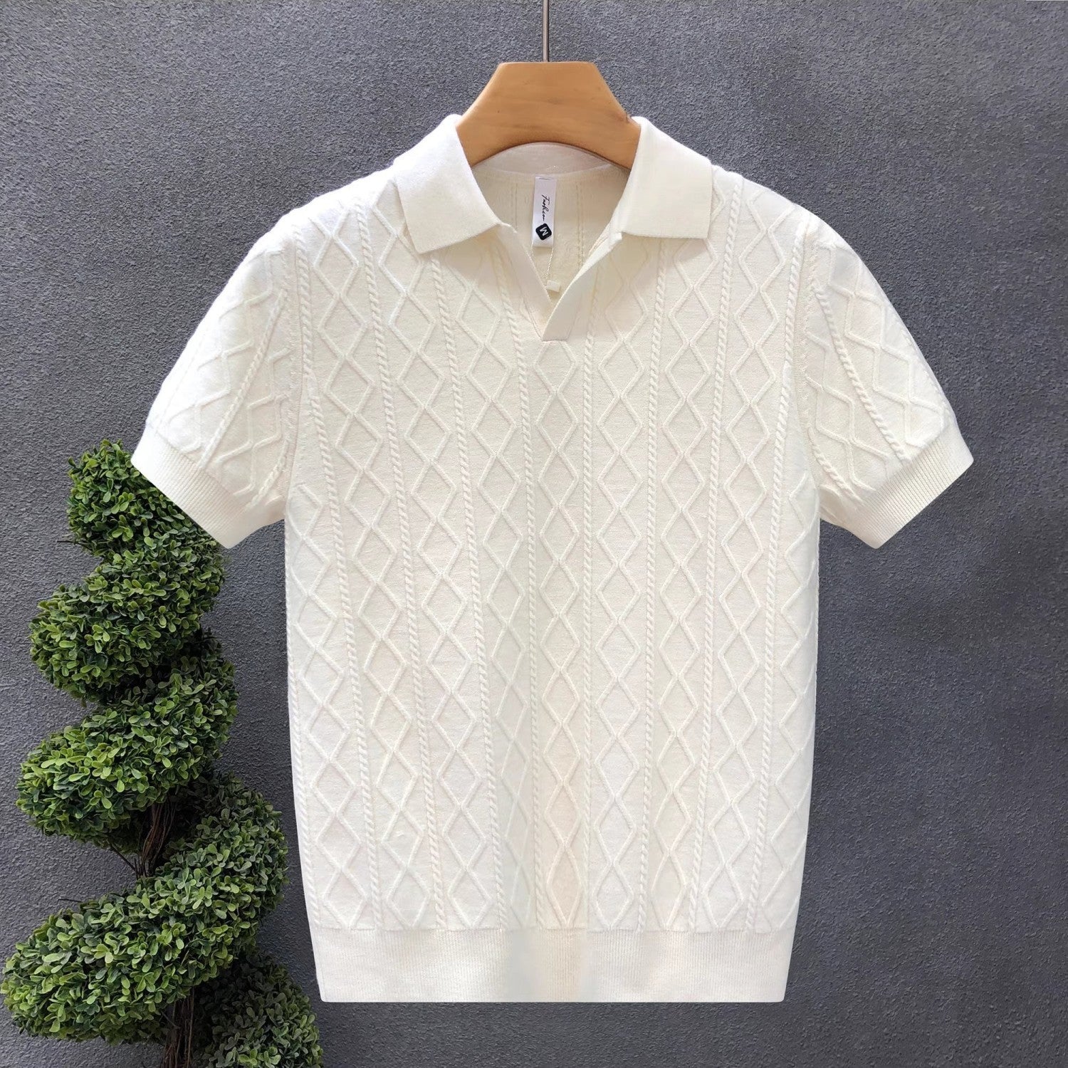 Mens Textured V-Neck Polo Shirt
