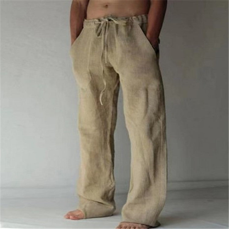 Mens Cotton Linen Drawstring Casual Pants