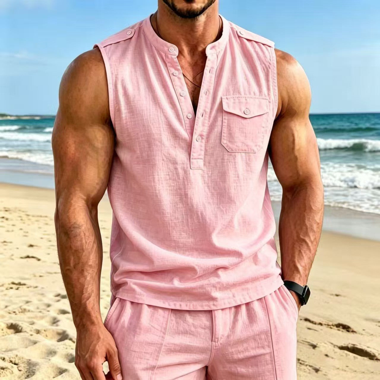 Men's Linen Sleeveless Vest with Button Pocket