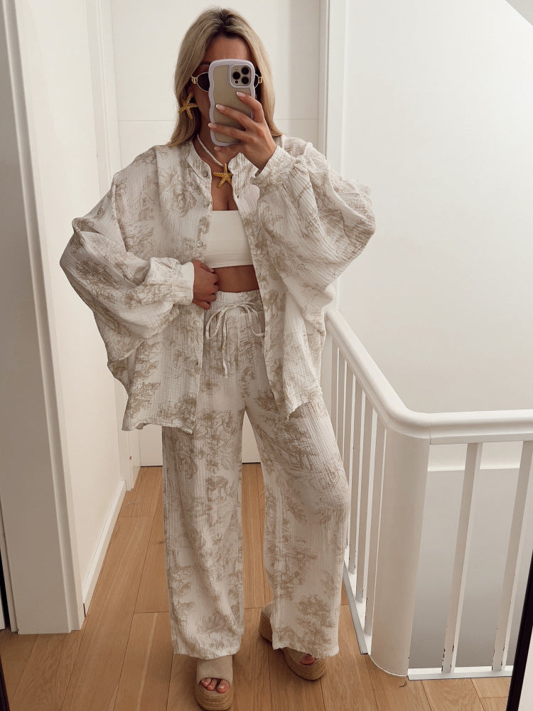 Womens Printed Long Sleeve Shirt and Trousers Set
