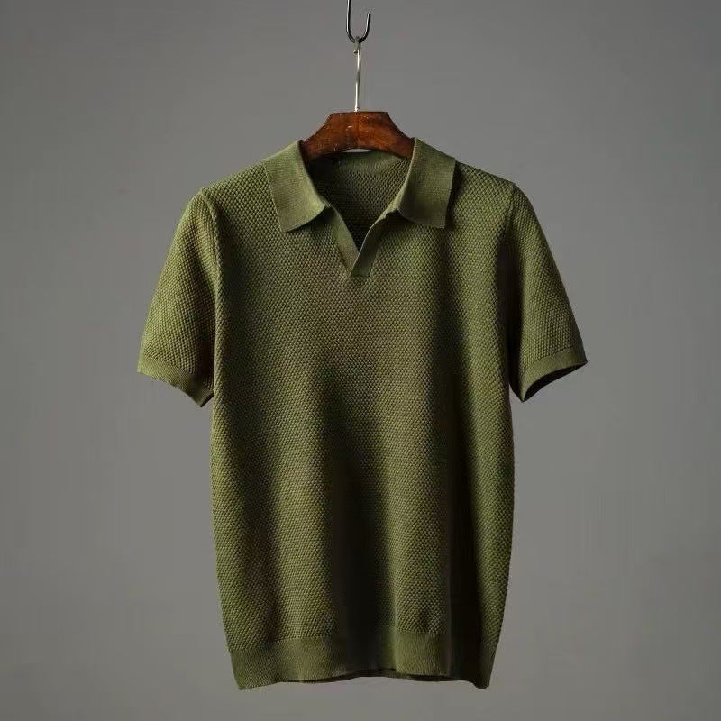 Summer Men's Pure Cotton Short-Sleeve Pineapple Knit Seagull Collar Breathable Thin T-Shirt Solid Color Casual Knitwear Men's Clothing