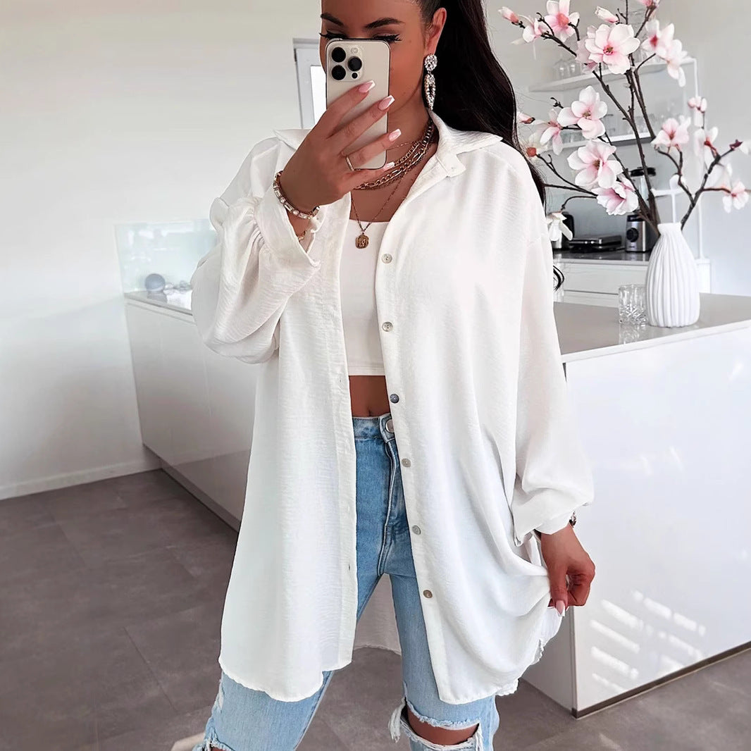 Womens Solid Color Casual Button Shirt