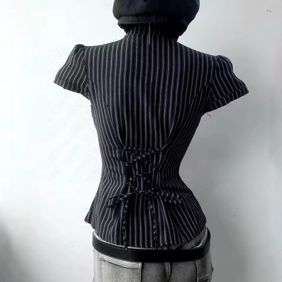 French Elegant Striped Polo Collar Shirt