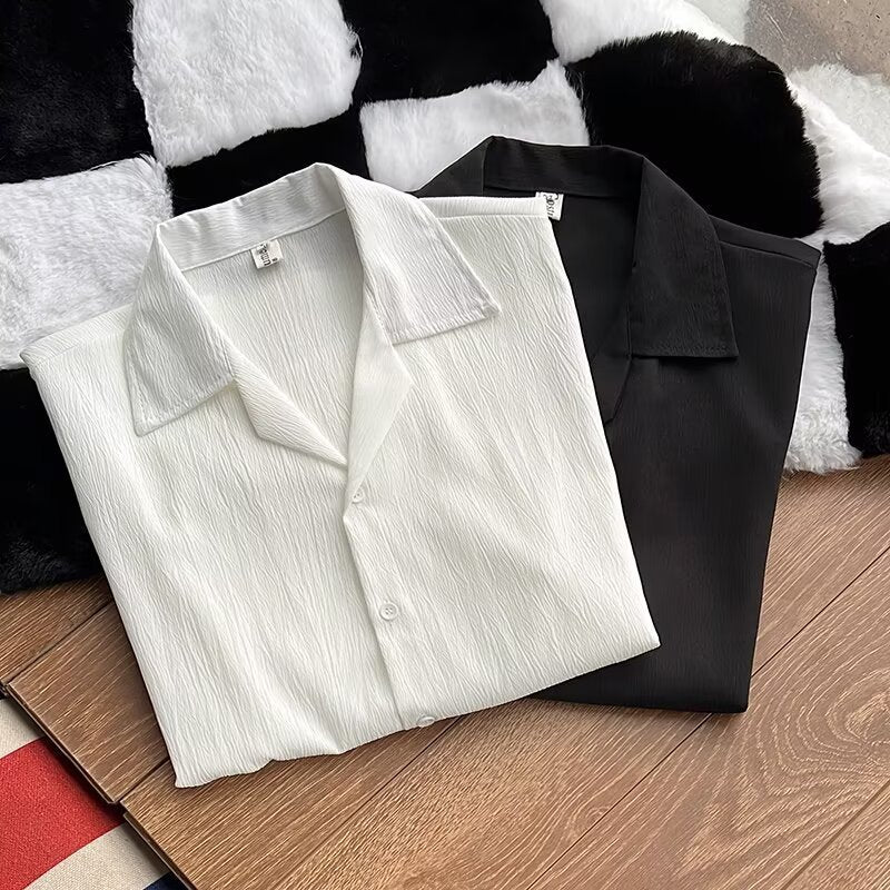 Mens Cuban Collar Pleated Shirt