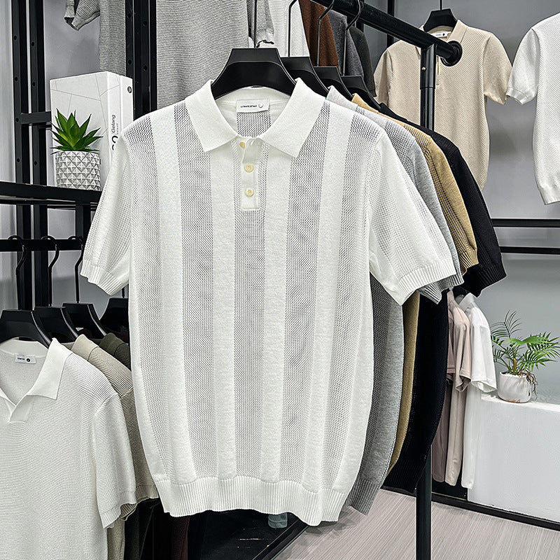 Mens Striped Knit Polo Shirt