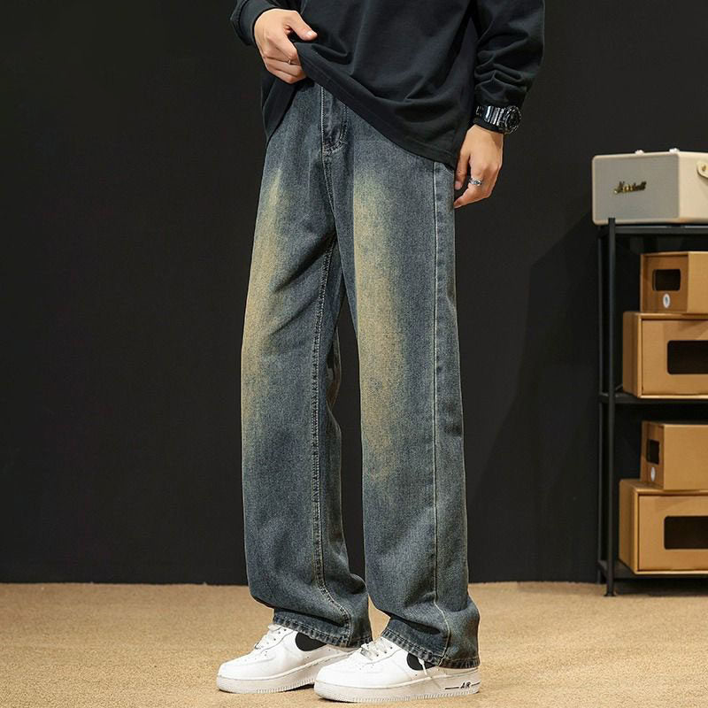 Mens Washed Denim Pants with Elastic Waist