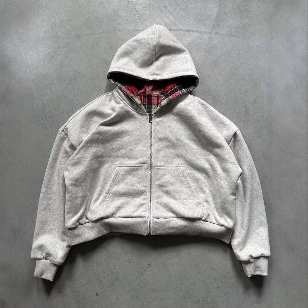 Reversible Plaid Zipper Hoodie Cardigan