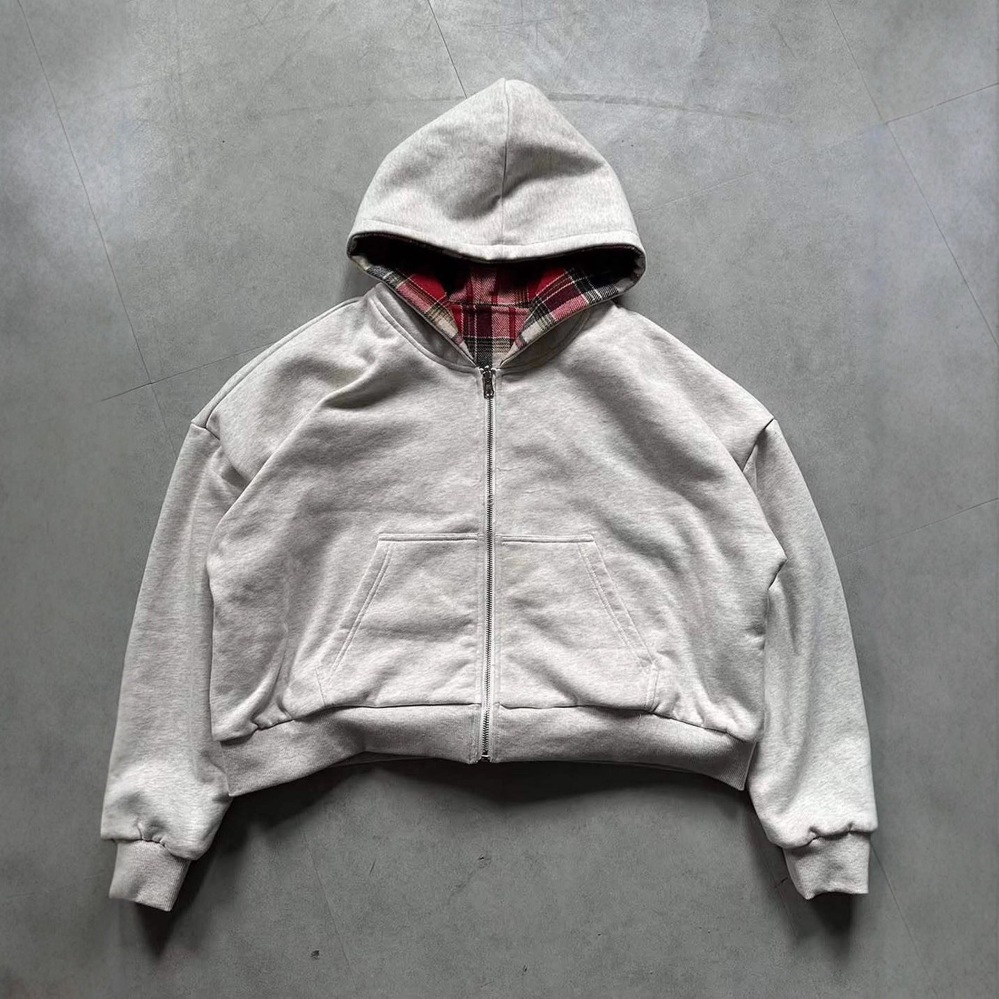 Reversible Plaid Zipper Hoodie Cardigan