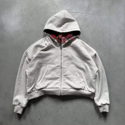 Reversible Plaid Zipper Hoodie Cardigan