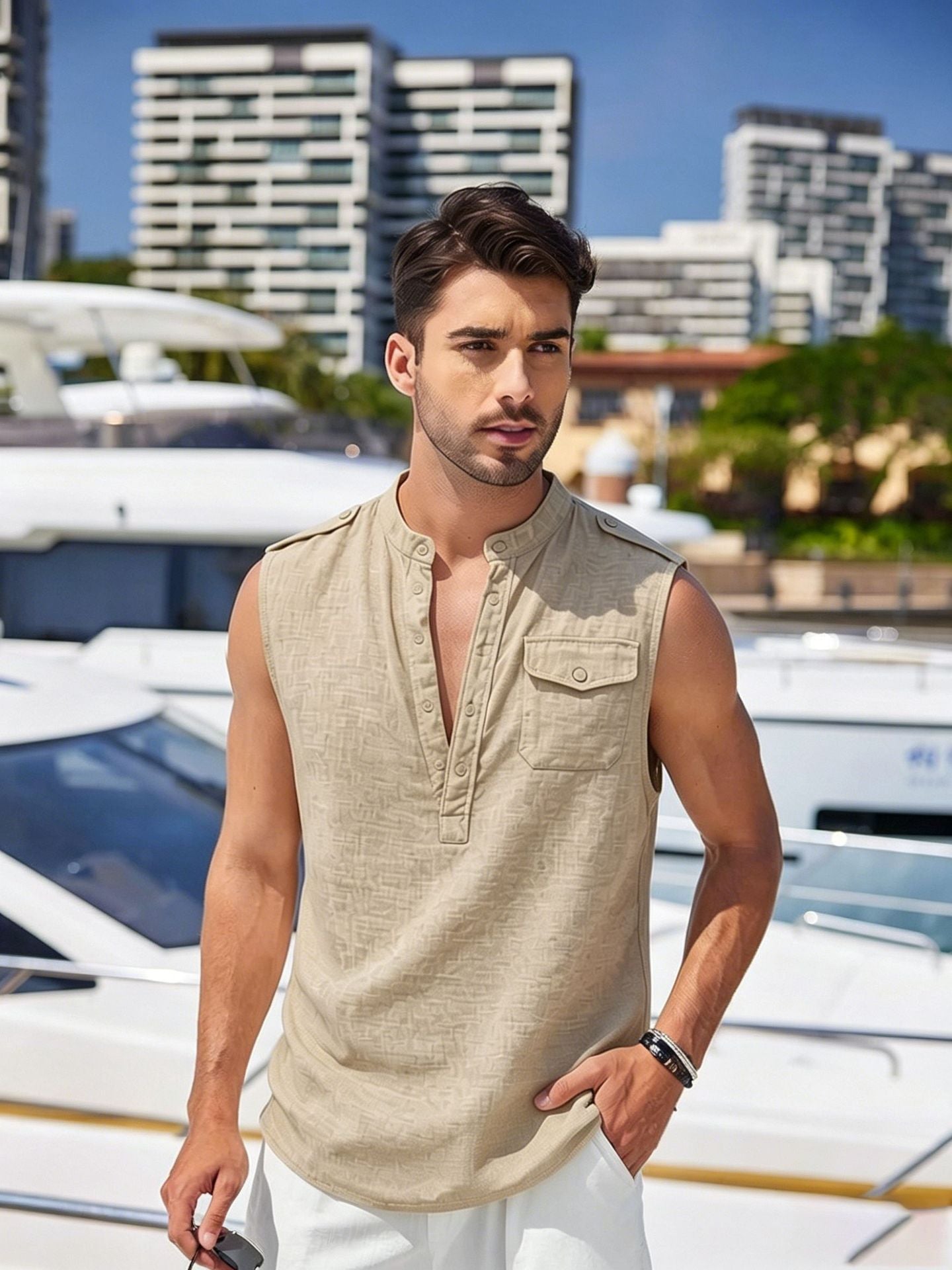 Mens Linen Sleeveless Vest with Stand Collar
