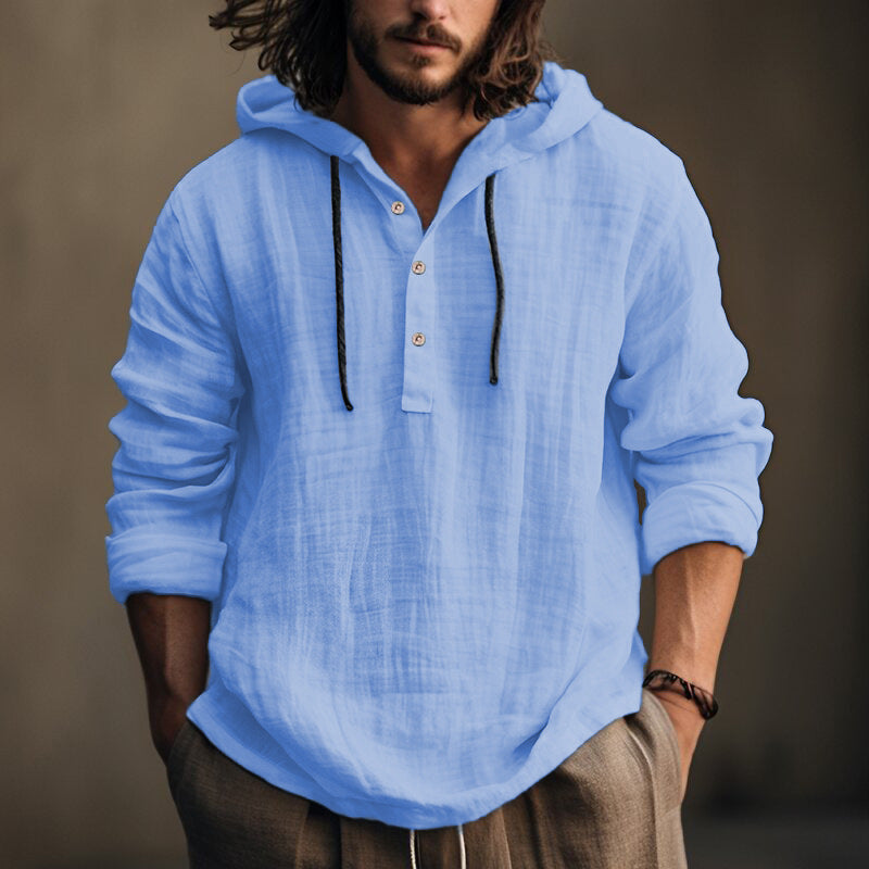 Cross-Border Summer Cotton and Linen Men's Hooded Shirt Long-Sleeved Casual Top Solid Color Breathable Thin Beach Men's T-Shirt
