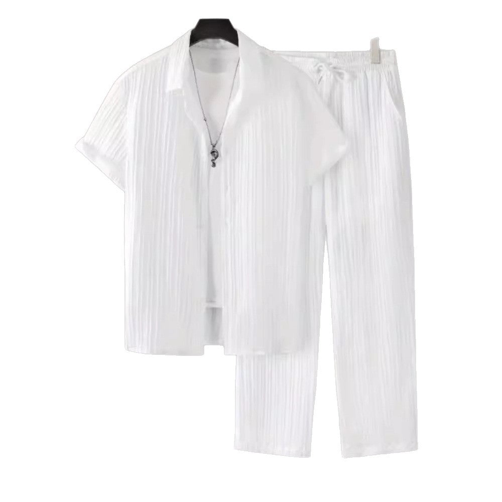 Men's Striped Short Sleeve Shirt and Drawstring Long Pants Casual Suit Set