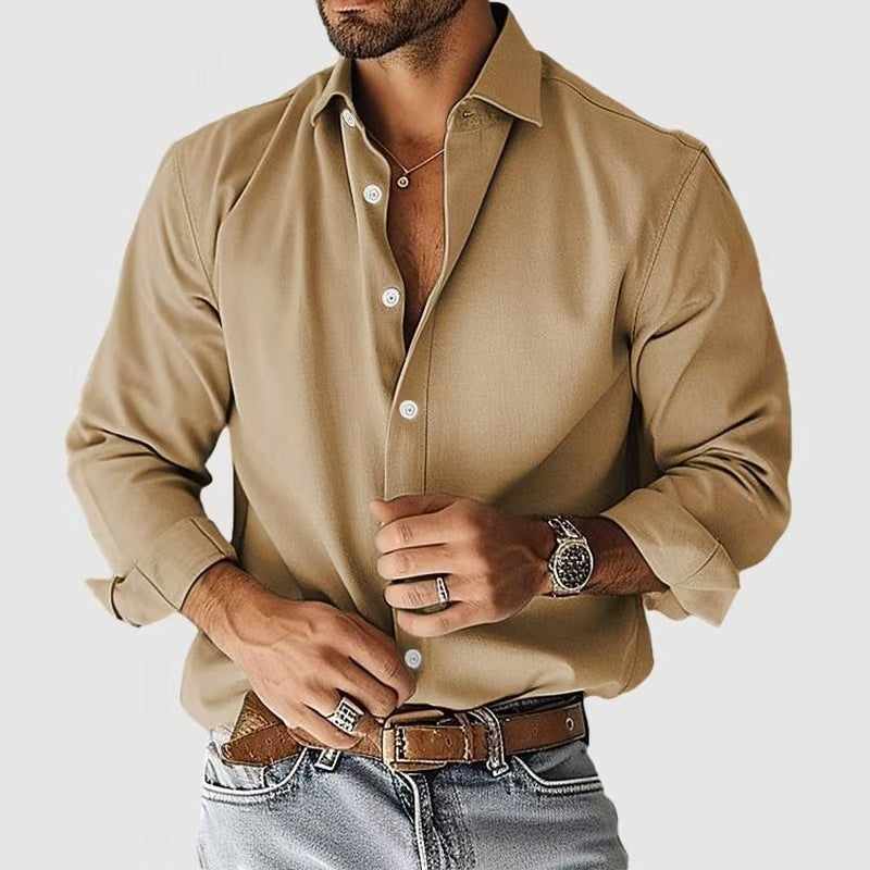 Casual, versatile, notched-collar, button-up solid-color men's top