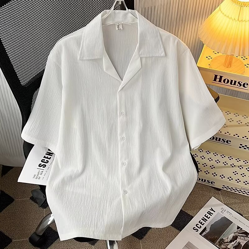 Mens Cuban Collar Pleated Shirt