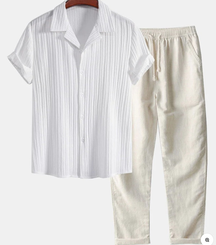Mens Casual Short Sleeve Shirt and Long Pants Set