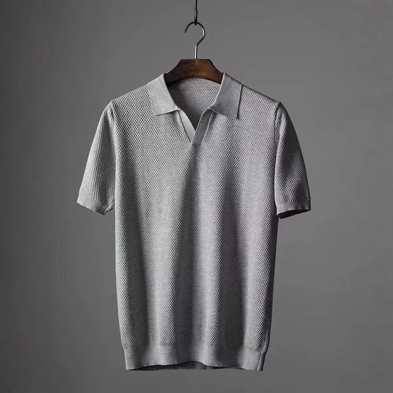 Summer Men's Pure Cotton Short-Sleeve Pineapple Knit Seagull Collar Breathable Thin T-Shirt Solid Color Casual Knitwear Men's Clothing