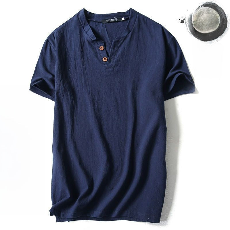Mens Cotton Linen V-neck T-shirt