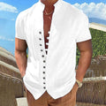 Mens Cotton Linen Stand Collar Short Sleeve Shirt