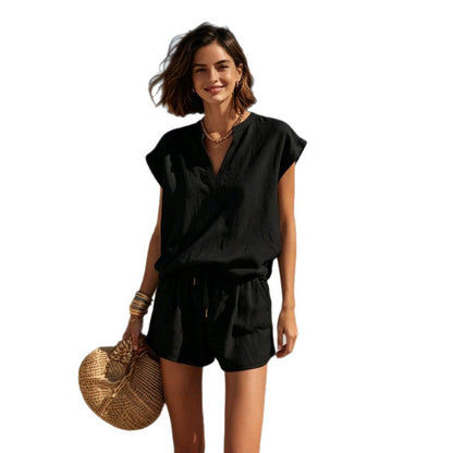 Women Solid Color V-Neck Linen Feel Short Sleeve short