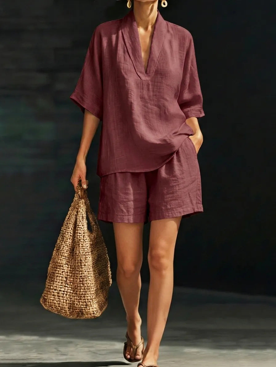 Womens V-Neck Short Sleeve Wide-Leg Pants Suit