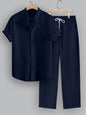 Men's Striped Short Sleeve Shirt and Drawstring Long Pants Casual Suit Set