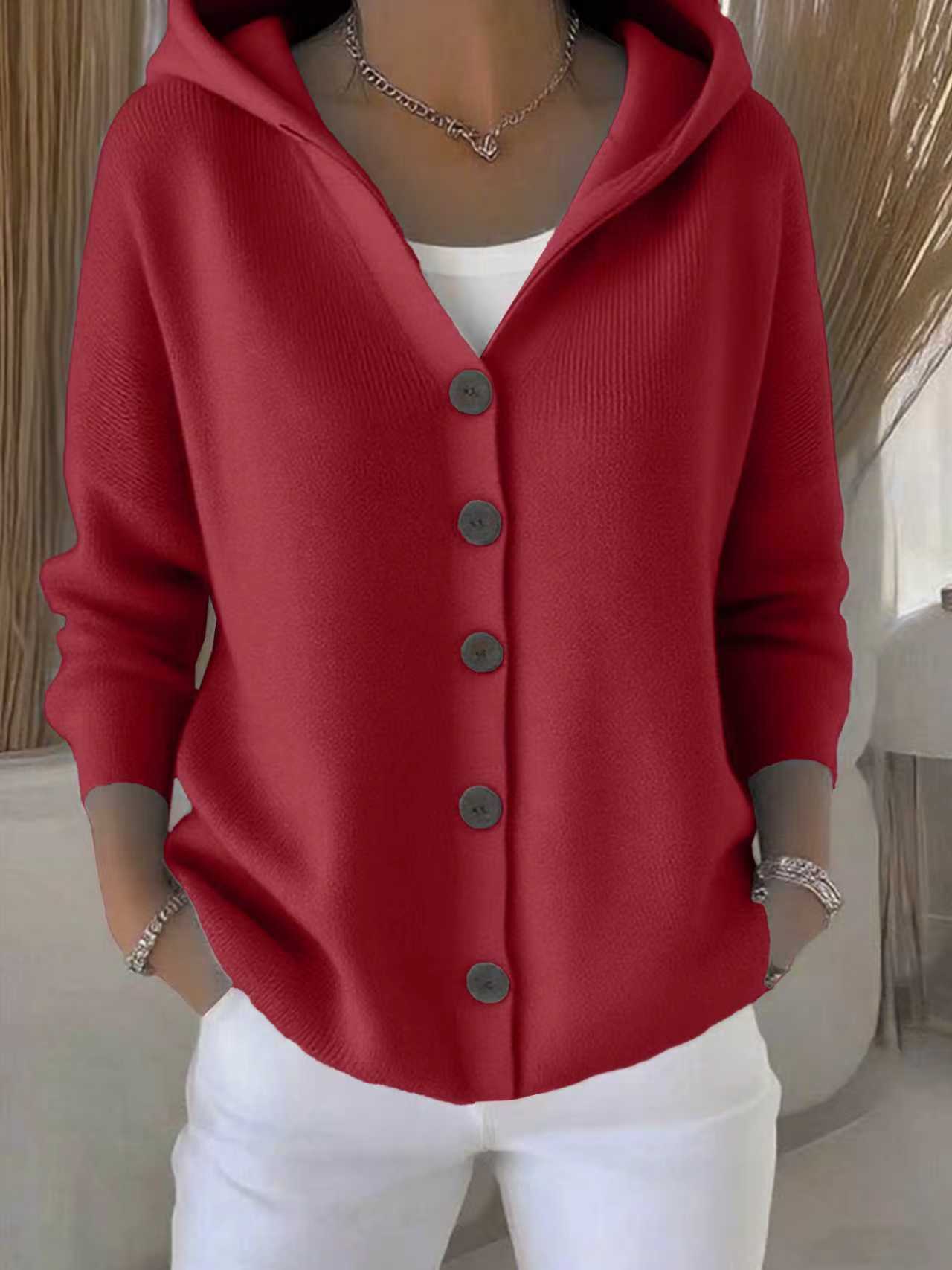 Women Hooded Knitted Cardigan Solid Color Loose Sweater Jacket