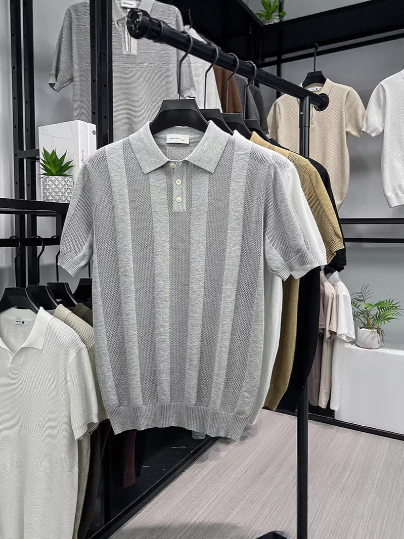 Mens Striped Knit Polo Shirt
