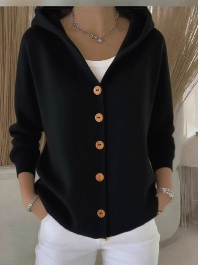 Women Hooded Knitted Cardigan Solid Color Loose Sweater Jacket