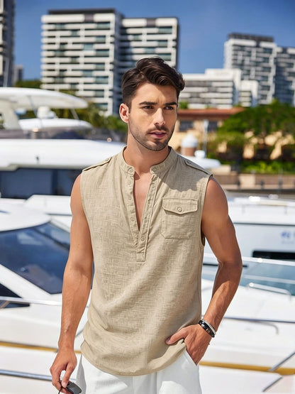 Mens Linen Sleeveless Vest with Stand Collar