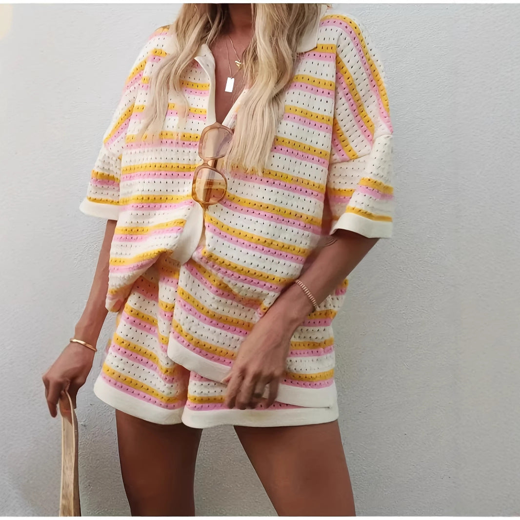 Lapel striped short-sleeved shirts and shorts