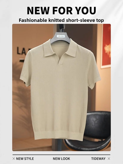Men's Vintage Mulberry Silk Blend Draped Seagull Collar Polo Shirt