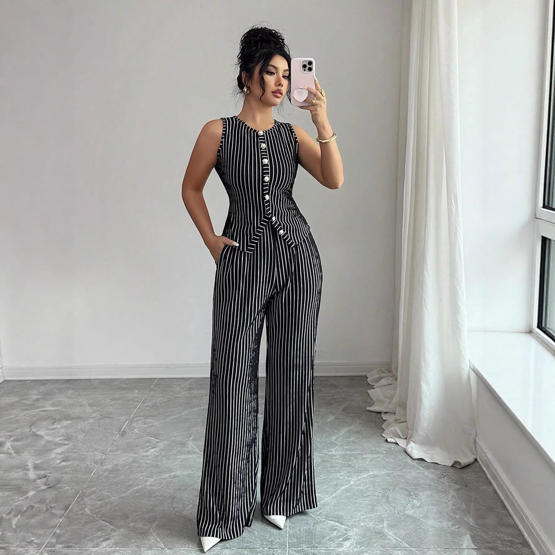 Womens Retro Striped Vest and Wide-Leg Pants Set