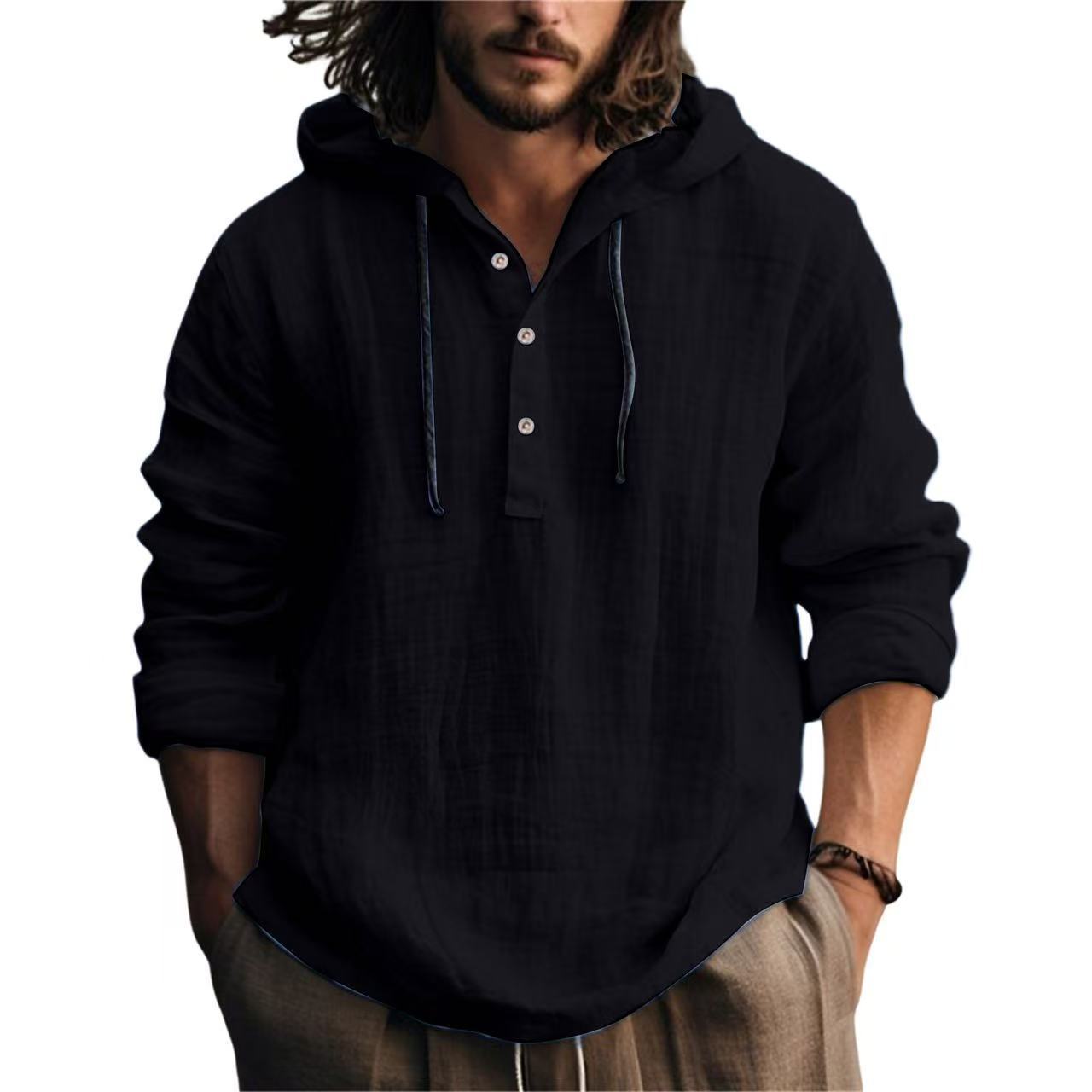 Cross-Border Summer Cotton and Linen Men's Hooded Shirt Long-Sleeved Casual Top Solid Color Breathable Thin Beach Men's T-Shirt