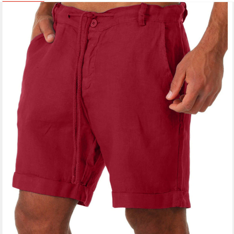 Mens Cotton Linen Drawstring Casual Shorts