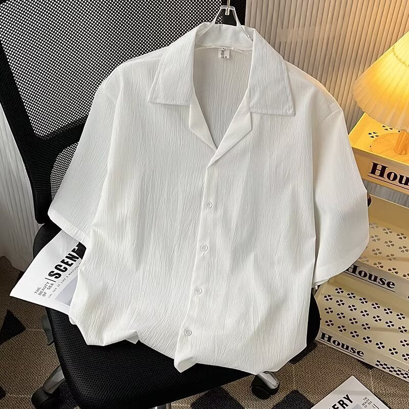 Mens Cuban Collar Pleated Shirt
