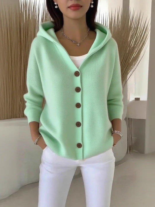 Women Hooded Knitted Cardigan Solid Color Loose Sweater Jacket